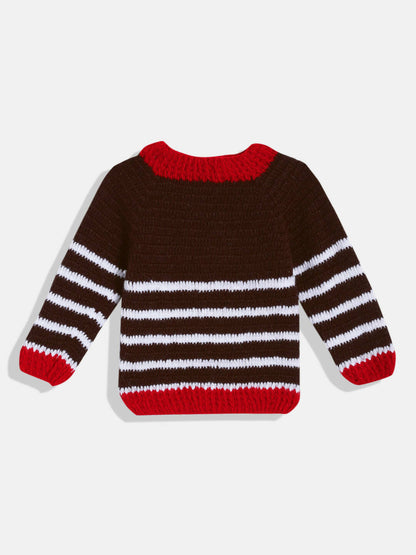 Chutput Kids Woollen Hand Knitted Full Sleeves Striped And Devil Heart Detail Sweater For Baby Boys - Brown