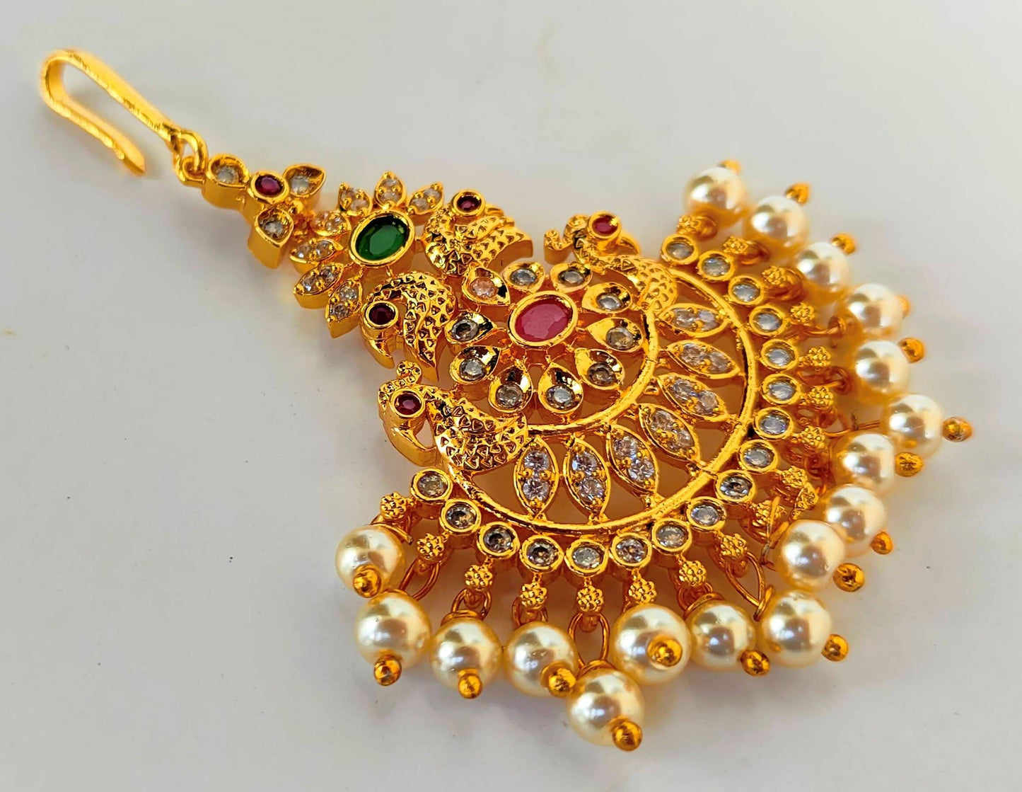 Multicolor AD Peacock Bridal Maang Tikka
