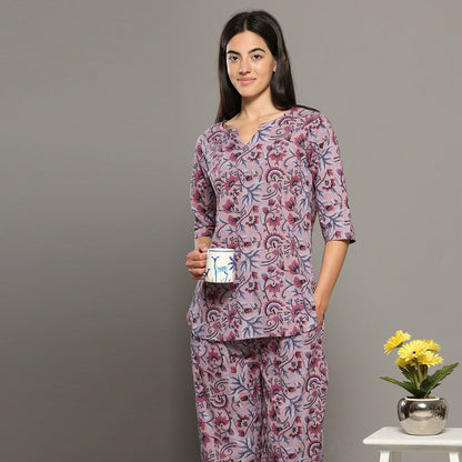 Breathables Women Cotton Printed Loungewear Kurta And Pants Co-Ord Set Pink I Night Wear | Floral Print
