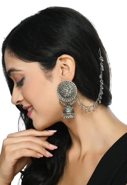 Mominos Fashion Johar Kamal Trendy Oxidized Silver Plated Bahubali Jhumkas