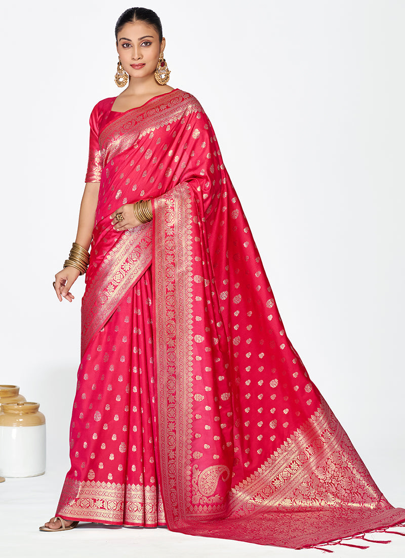 Vellora Rani Pink Premium Banarasi Silk Saree with Rich Golden Zari