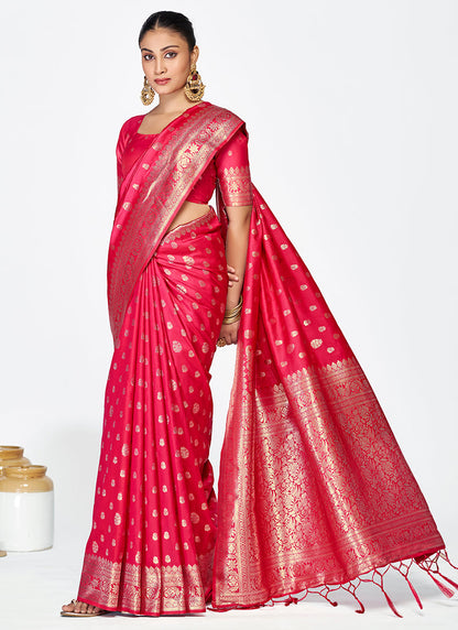 Vellora Rani Pink Premium Banarasi Silk Saree with Rich Golden Zari