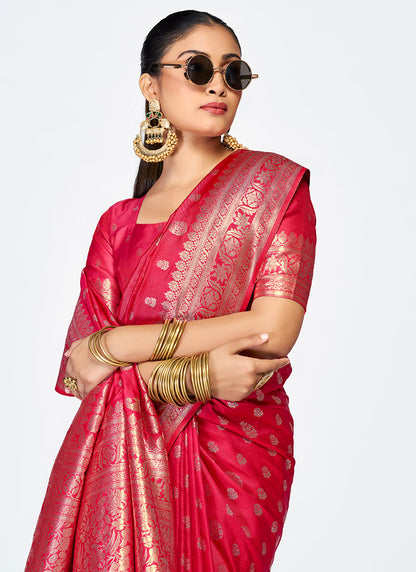 Vellora Rani Pink Premium Banarasi Silk Saree with Rich Golden Zari