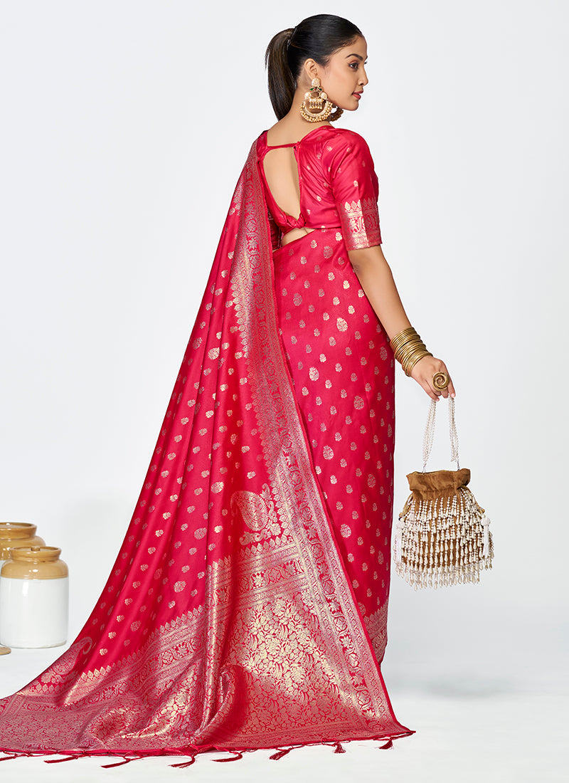 Vellora Rani Pink Premium Banarasi Silk Saree with Rich Golden Zari