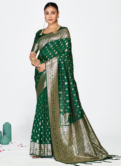 Vellora Emerald Green Banarasi Silk Saree with Antique Golden Zari