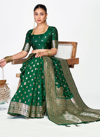 Vellora Emerald Green Banarasi Silk Saree with Antique Golden Zari