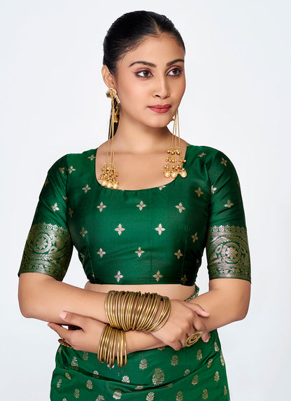 Vellora Emerald Green Banarasi Silk Saree with Antique Golden Zari