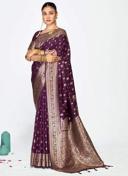 Vellora Wine Purple Zari Woven Banarasi Silk Saree