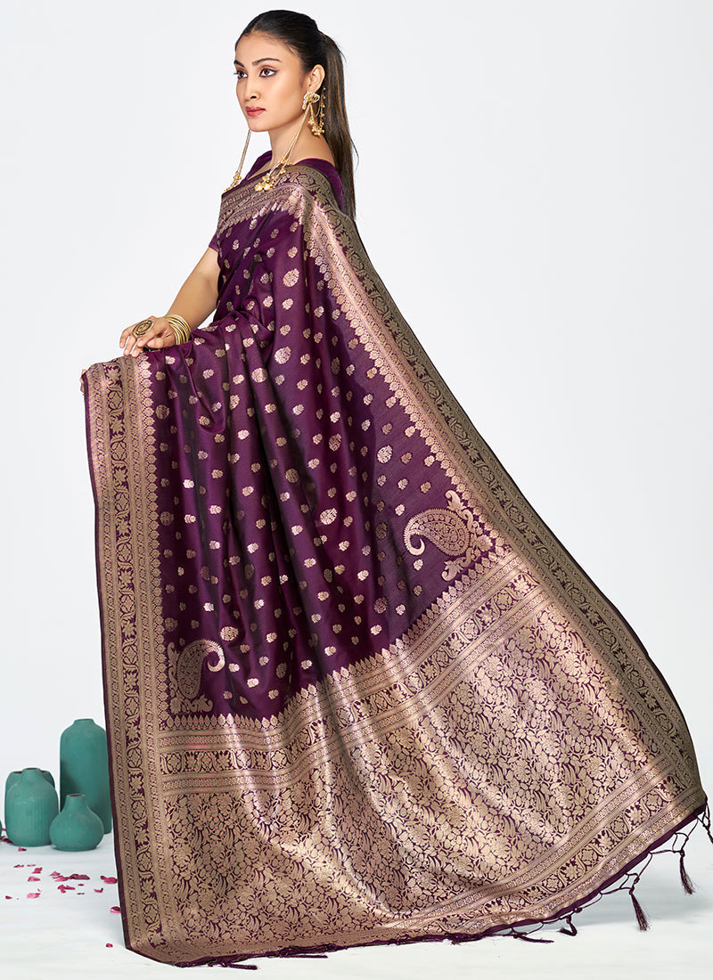 Vellora Wine Purple Zari Woven Banarasi Silk Saree
