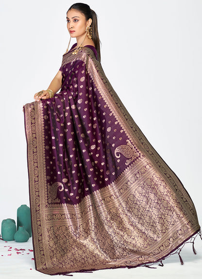 Vellora Wine Purple Zari Woven Banarasi Silk Saree