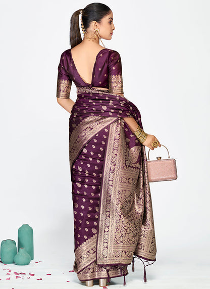 Vellora Wine Purple Zari Woven Banarasi Silk Saree