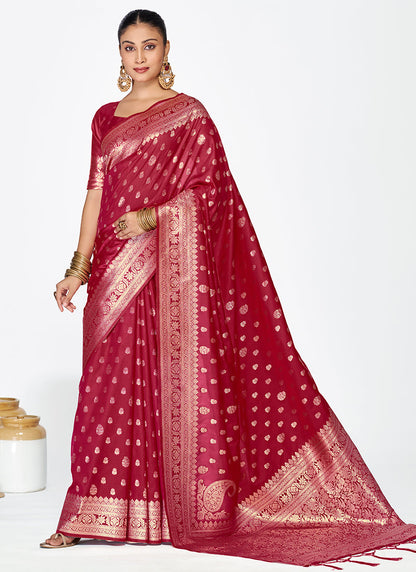 Vellora Maroon Banarasi Silk Saree with Rich Zari Detailing