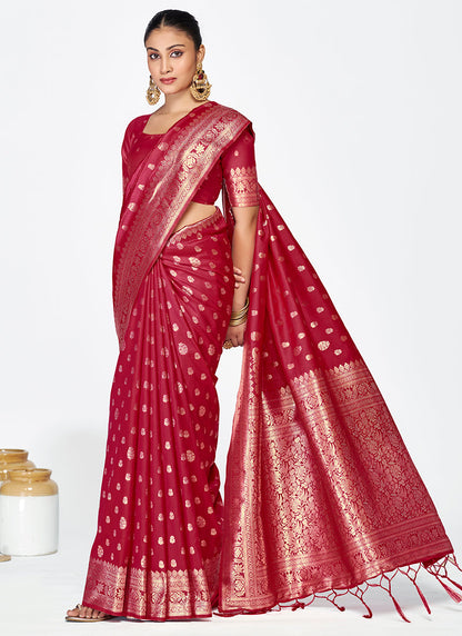 Vellora Maroon Banarasi Silk Saree with Rich Zari Detailing