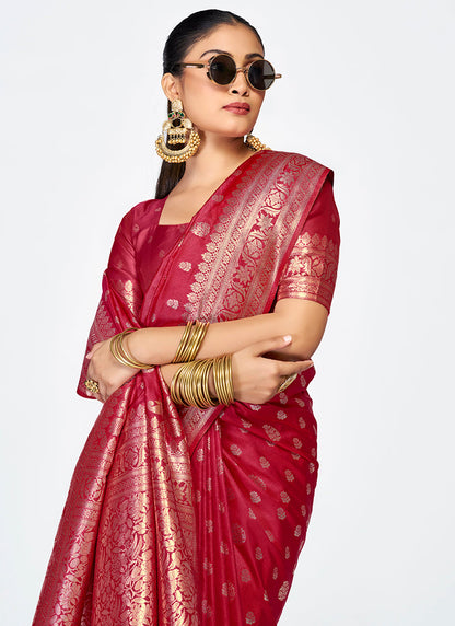 Vellora Maroon Banarasi Silk Saree with Rich Zari Detailing