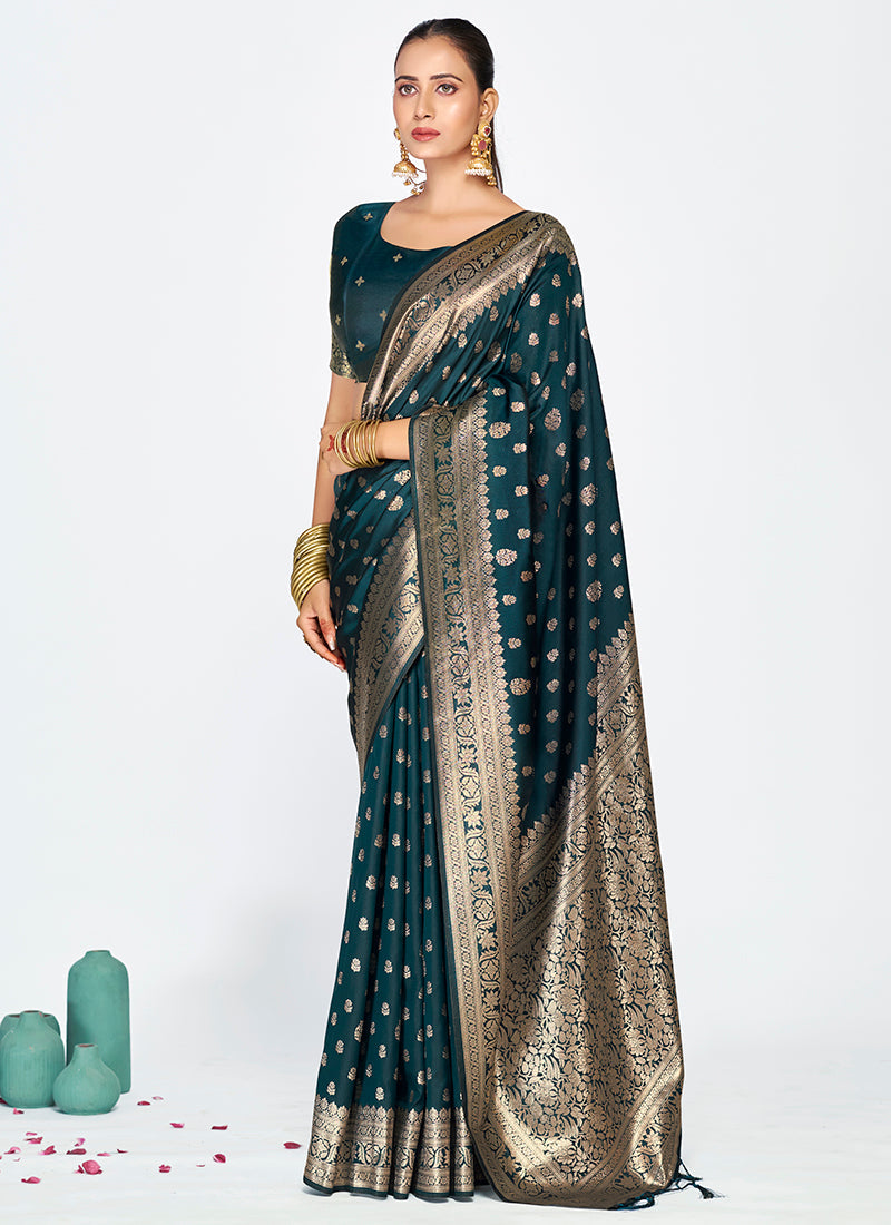 Vellora Navy Blue Premium Banarasi Silk Saree with Gold Zari