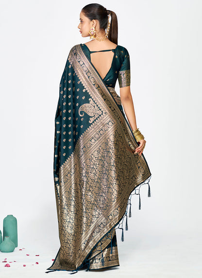 Vellora Navy Blue Premium Banarasi Silk Saree with Gold Zari