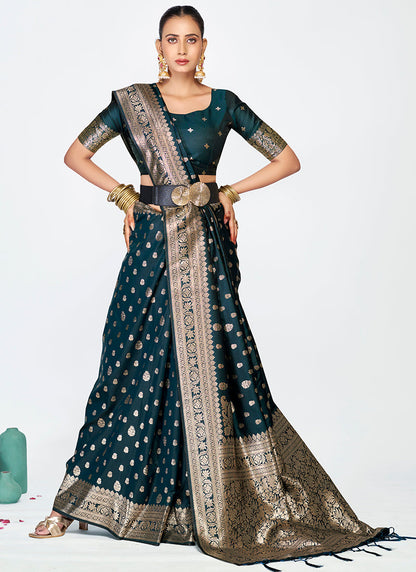 Vellora Navy Blue Premium Banarasi Silk Saree with Gold Zari