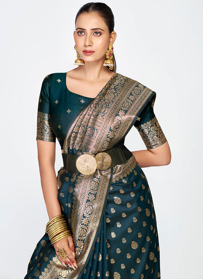 Vellora Navy Blue Premium Banarasi Silk Saree with Gold Zari
