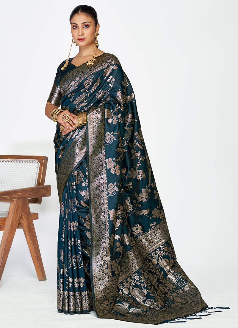 Vellora Navy Blue Banarasi Silk Saree with Rich Zari Weaving