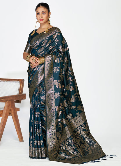 Vellora Navy Blue Banarasi Silk Saree with Rich Zari Weaving