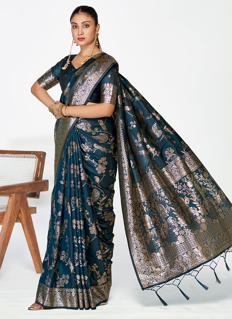 Vellora Navy Blue Banarasi Silk Saree with Rich Zari Weaving