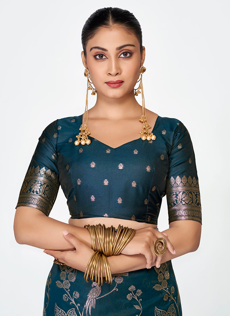 Vellora Navy Blue Banarasi Silk Saree with Rich Zari Weaving