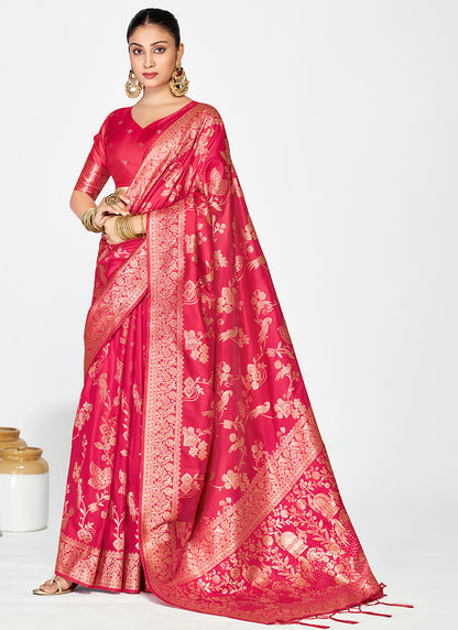 Vellora Rani Pink Banarasi Silk Saree with Golden Floral Zari