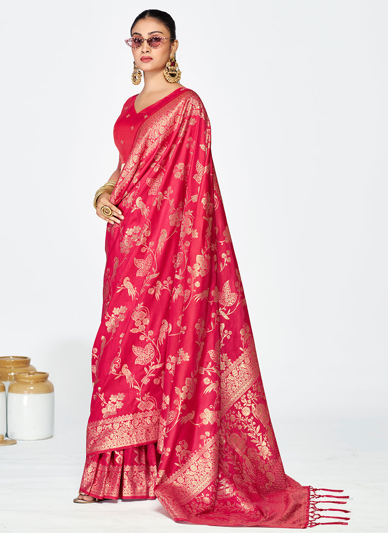 Vellora Rani Pink Banarasi Silk Saree with Golden Floral Zari