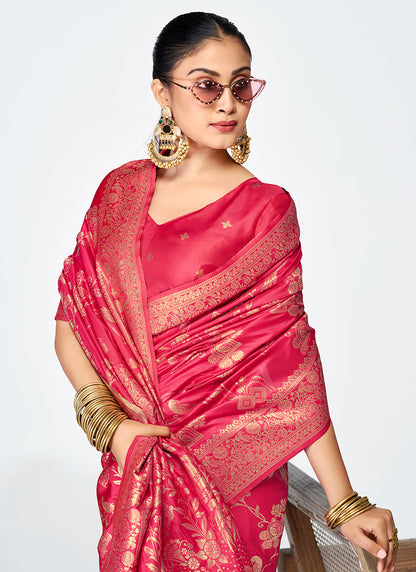 Vellora Rani Pink Banarasi Silk Saree with Golden Floral Zari
