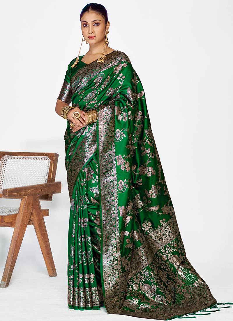 Vellora Emerald Green Banarasi Silk Saree with Intricate Zari Work