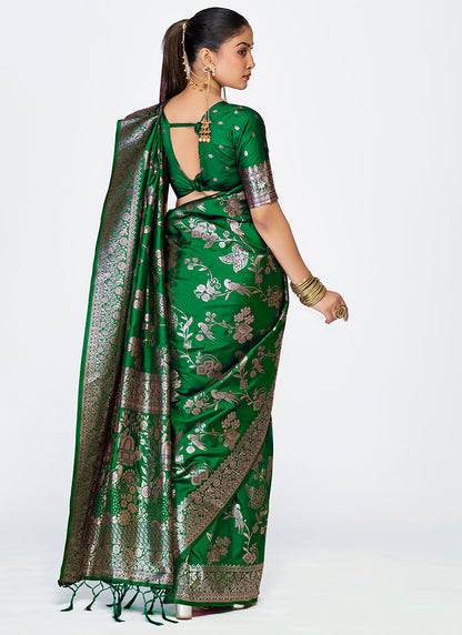 Vellora Emerald Green Banarasi Silk Saree with Intricate Zari Work