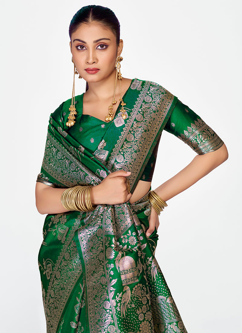 Vellora Emerald Green Banarasi Silk Saree with Intricate Zari Work