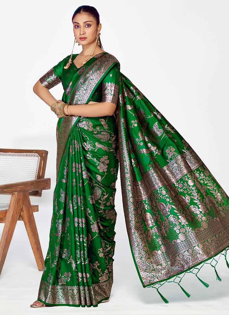 Vellora Emerald Green Banarasi Silk Saree with Intricate Zari Work