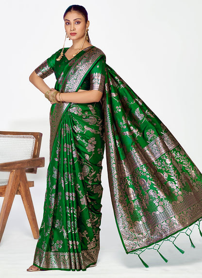 Vellora Emerald Green Banarasi Silk Saree with Intricate Zari Work