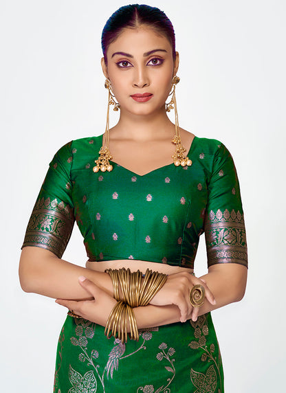 Vellora Emerald Green Banarasi Silk Saree with Intricate Zari Work