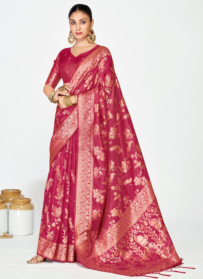 Vellora Rose Pink Banarasi Silk Saree with Antique Zari Border