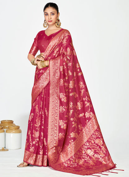 Vellora Rose Pink Banarasi Silk Saree with Antique Zari Border