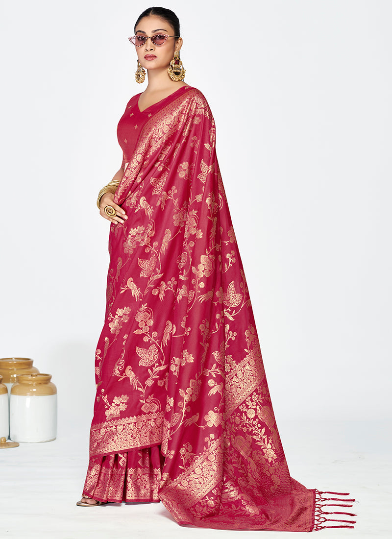 Vellora Rose Pink Banarasi Silk Saree with Antique Zari Border