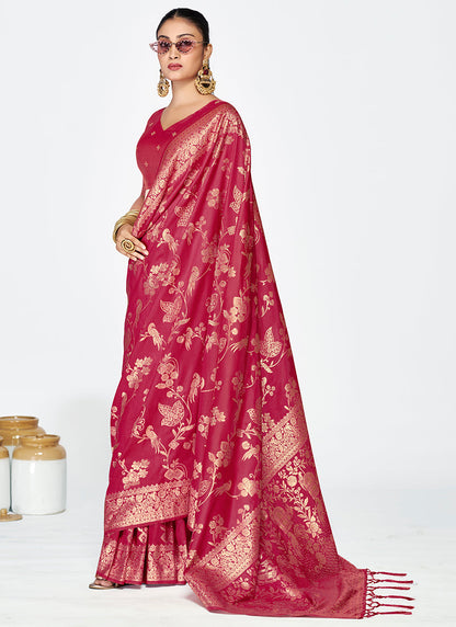 Vellora Rose Pink Banarasi Silk Saree with Antique Zari Border