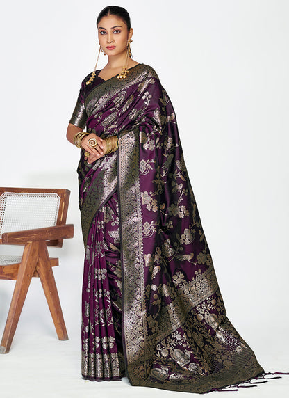 Vellora Wine Banarasi Silk Saree with Heavy Traditional Zari