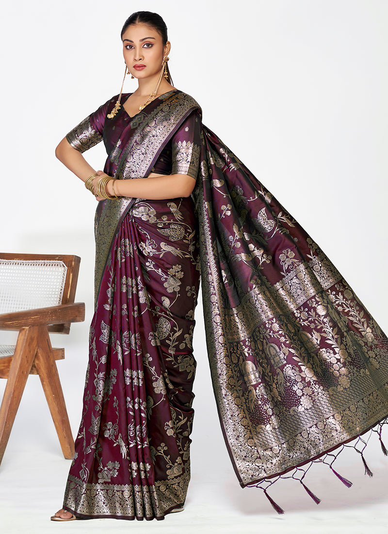 Vellora Wine Banarasi Silk Saree with Heavy Traditional Zari
