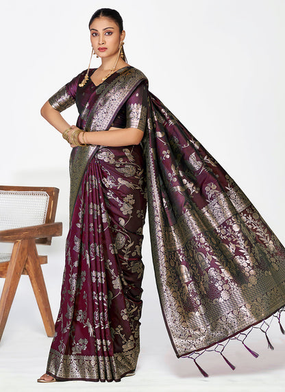 Vellora Wine Banarasi Silk Saree with Heavy Traditional Zari