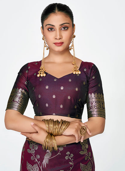 Vellora Wine Banarasi Silk Saree with Heavy Traditional Zari