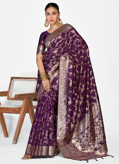 Vellora Plum Purple Banarasi Silk Saree with Traditional Floral Zari Pattern