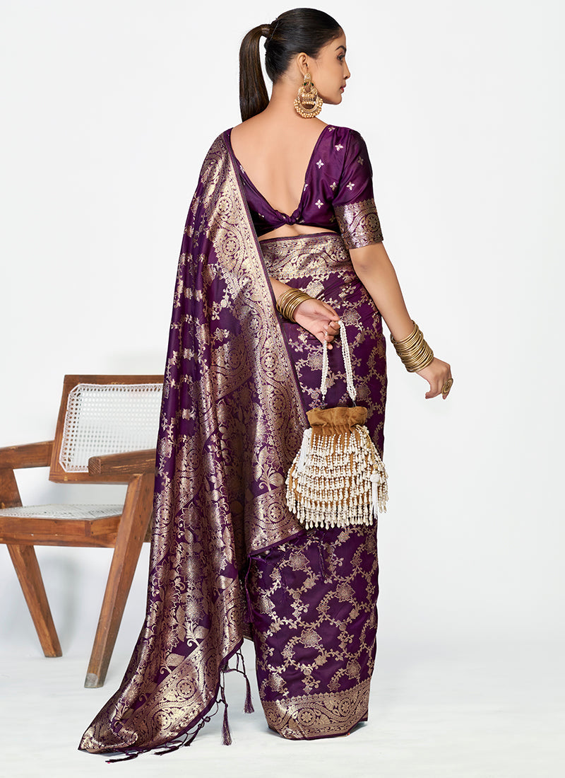 Vellora Plum Purple Banarasi Silk Saree with Traditional Floral Zari Pattern
