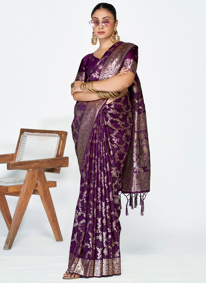 Vellora Plum Purple Banarasi Silk Saree with Traditional Floral Zari Pattern