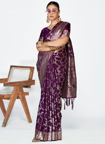 Vellora Plum Purple Banarasi Silk Saree with Traditional Floral Zari Pattern