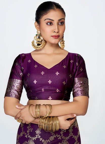 Vellora Plum Purple Banarasi Silk Saree with Traditional Floral Zari Pattern