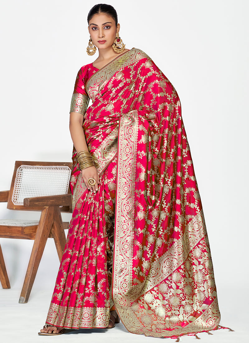 Vellora Rani Pink Banarasi Soft Silk Saree with Heavy Golden Jaal Weaving