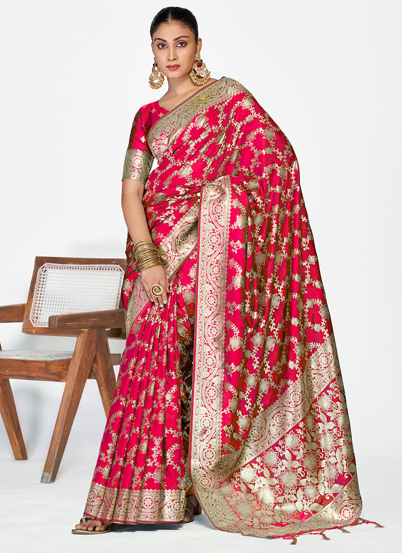 Vellora Rani Pink Banarasi Soft Silk Saree with Heavy Golden Jaal Weaving